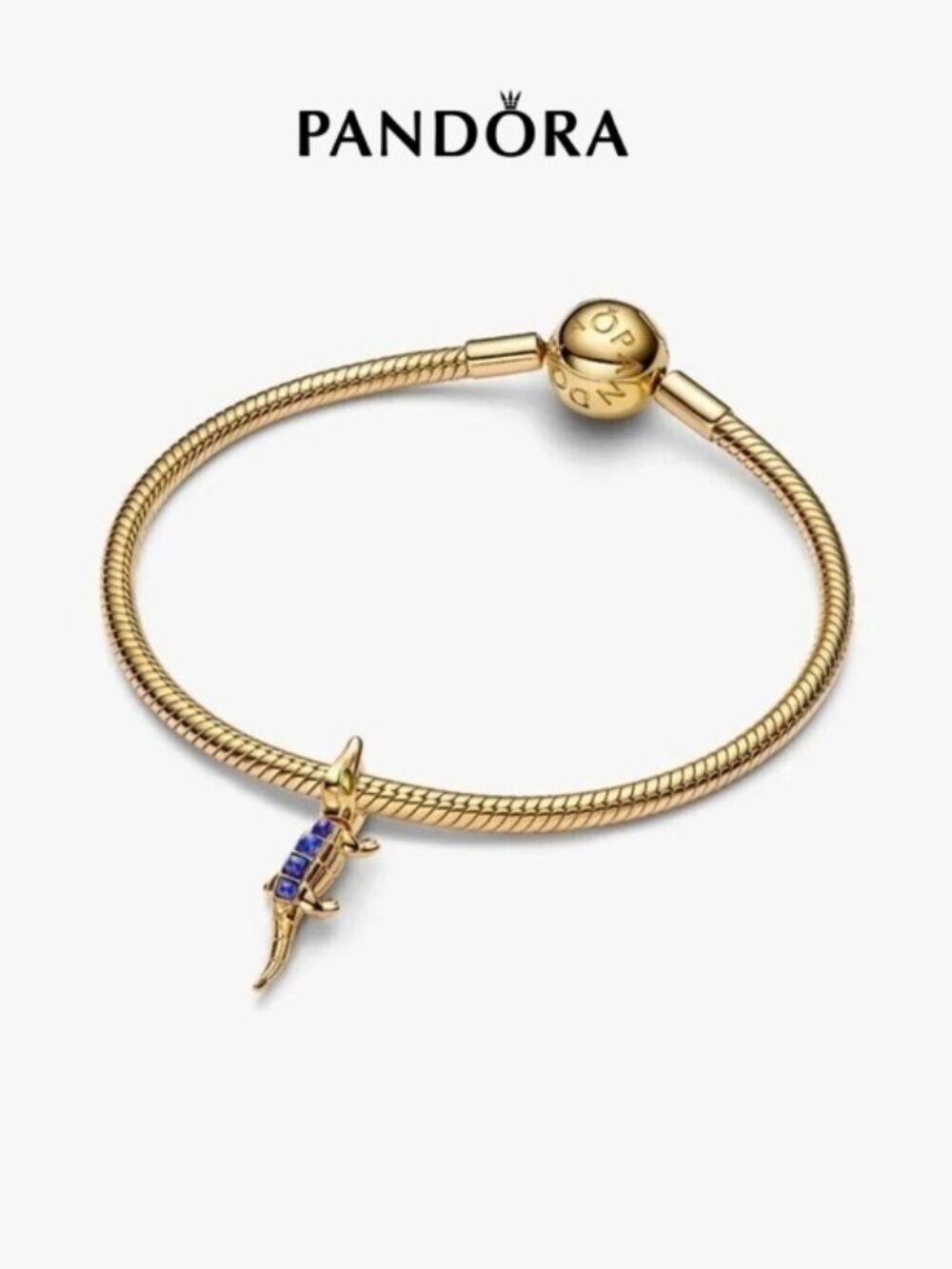 Pandora Goldtone Bracelet with Blue-Accent Lizard Charm